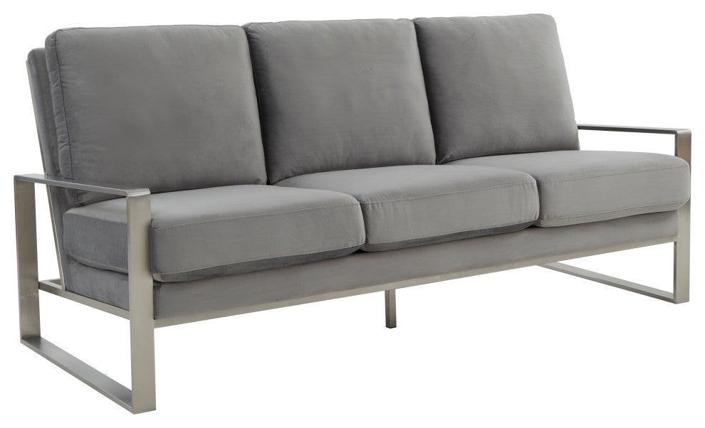 LeisureMod Jefferson Modern Design Velvet Sofa With Silver Frame, Light Gray