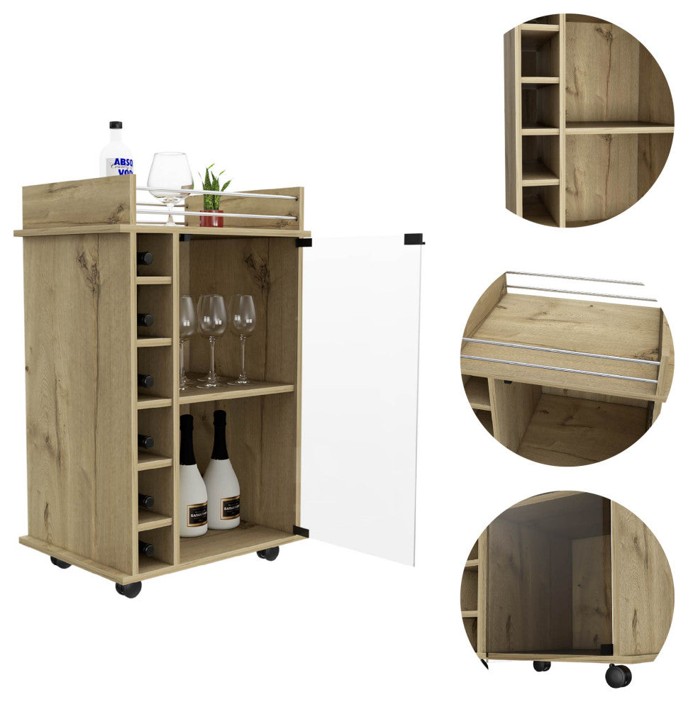 DEPOT E-SHOP Huali Bar Cart, 6 Wine Cubbies, Light Oak