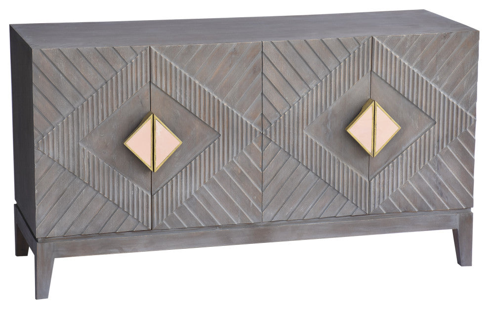 55" Mango Wood Sideboard Cabinet Console 4 Doors Shelf Diamond Carving Gray
