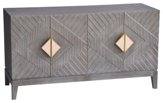 55" Mango Wood Sideboard Cabinet Console 4 Doors Shelf Diamond Carving Gray