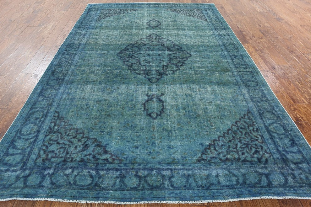 Traditional 7x10 Green Overdyed Hand Knotted Floral Oriental Wool Area Rug