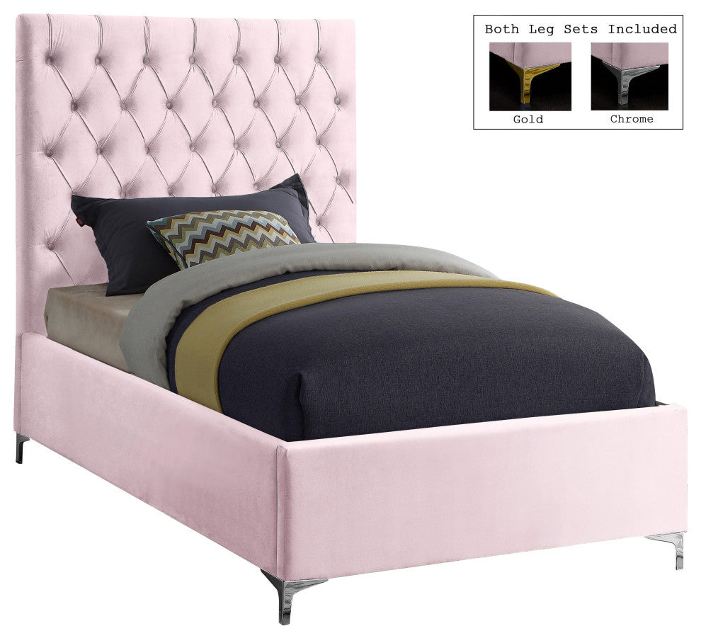 Cruz Velvet Upholstered Bed, Pink, Twin