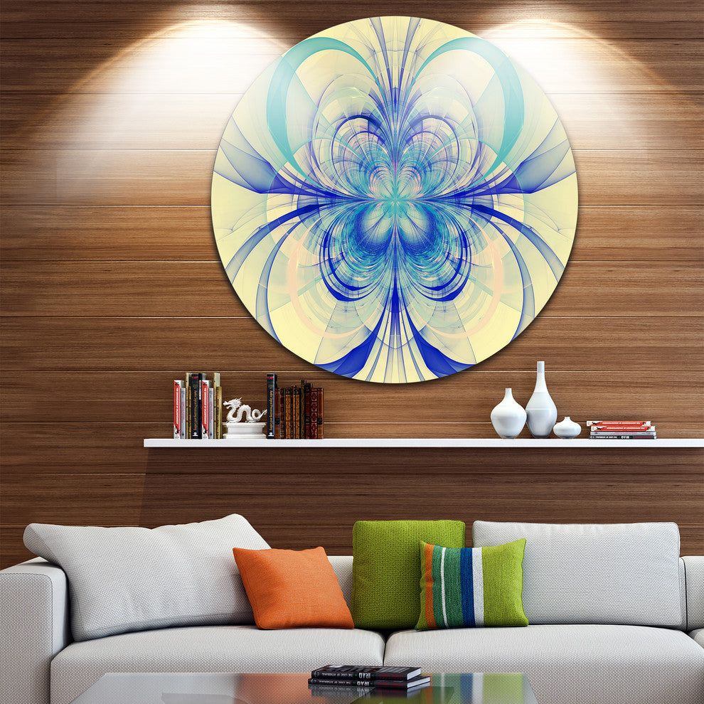Blue Fractal Flower Pattern, Floral Digital Art Disc Metal Artwork, 11"