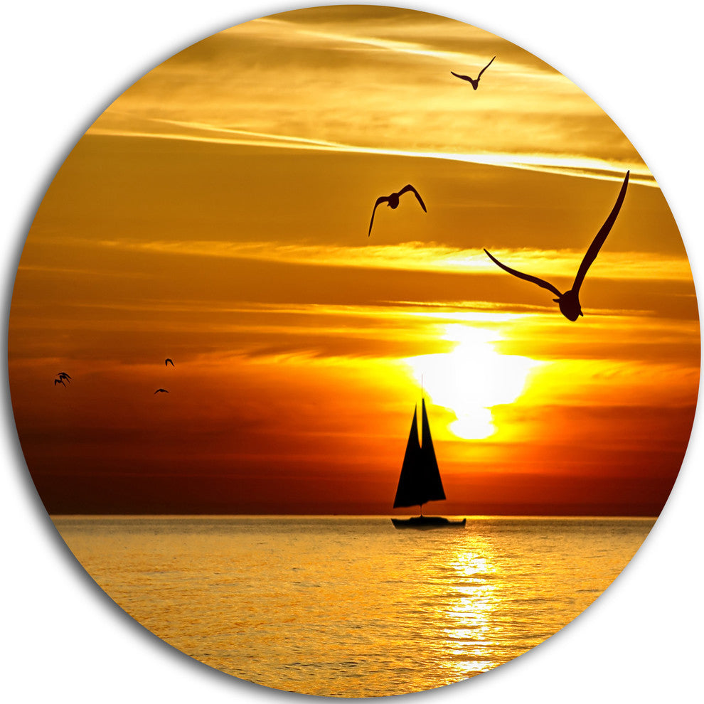 Bright Yellow Beach With Birds, Seashore Round Wall Art, 23"