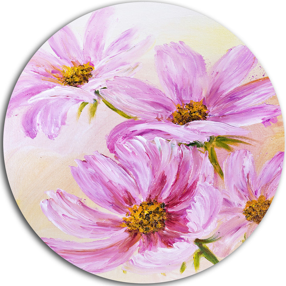 Blooming Pink Cosmos Flowers, Floral Disc Metal Artwork, 11"