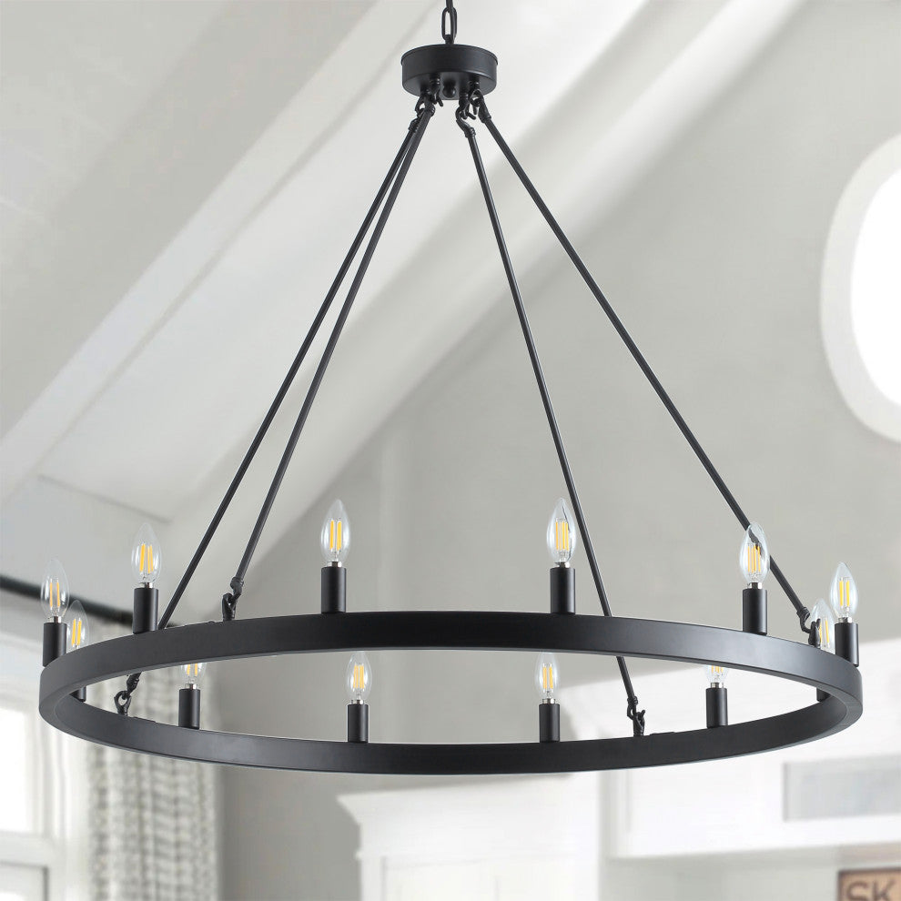 12-Light Wagon Wheel Black Pendant Chandelier