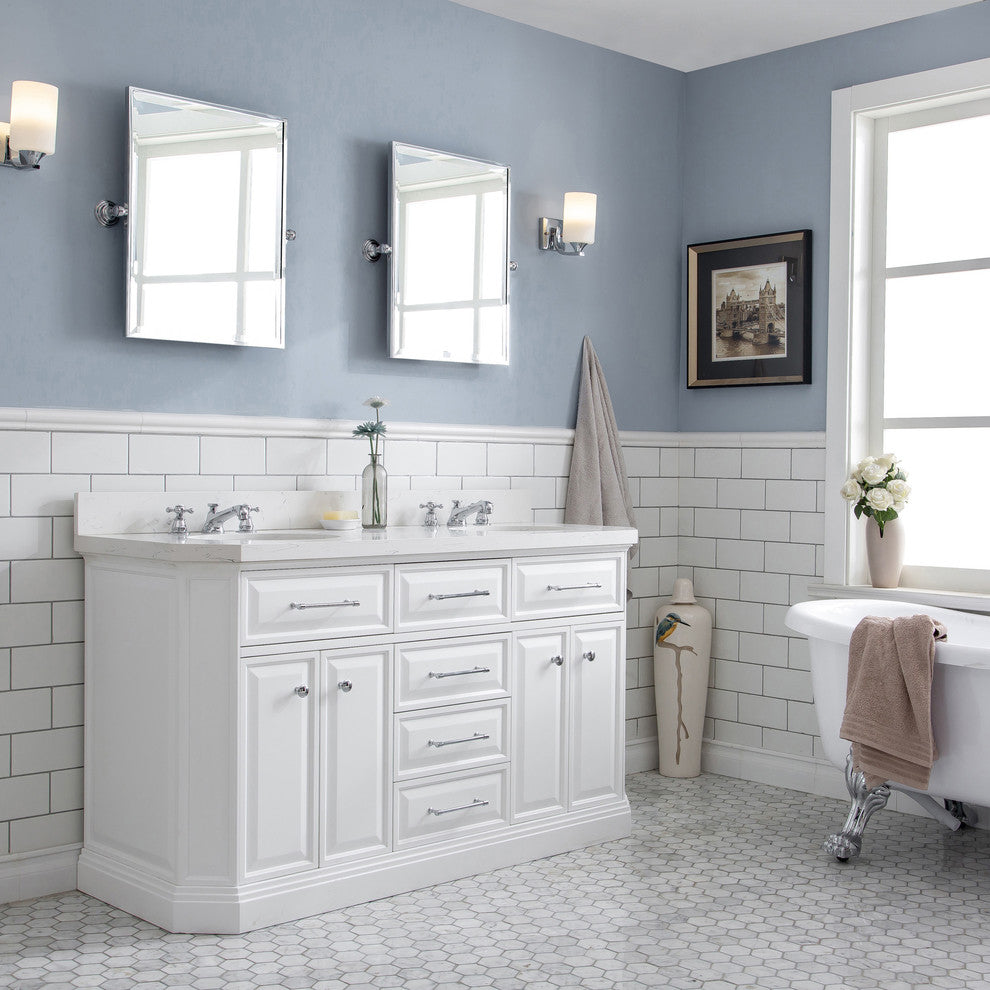 60" Palace Quartz Carrara Pure White Vanity With Hardware, Mirror