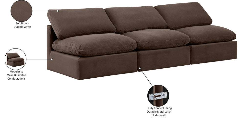 Indulge Upholstered Modular Sofa, Brown, 3-Piece: 3 Armless Chair, Down Stuffed Velvet