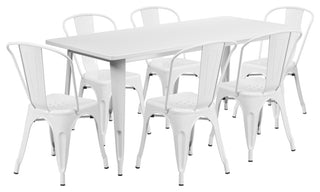 31.5" x 63" Rectangular White Metal Indoor-Outdoor Table Set with 6 Stack Chairs