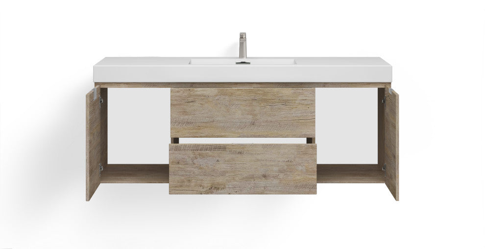 Boutique Bath Vanity, Natural Wood, 60", Single Sink, Wall Mount