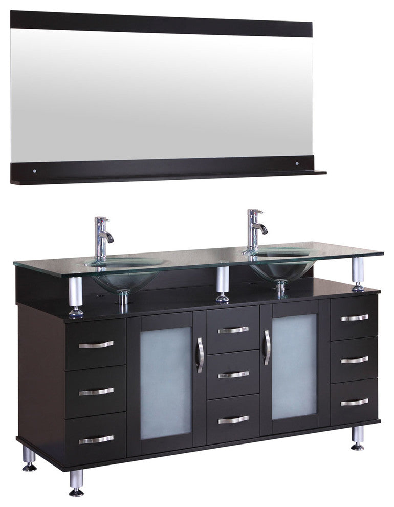 LessCare Vanity Cabinet LV1-60B With Double Sink Glass Top and Mirror