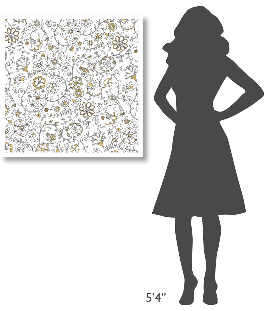 "Color my World Birds Suzanis Pattern Gold" Print by Daphne Brissonnet, 32"x32"
