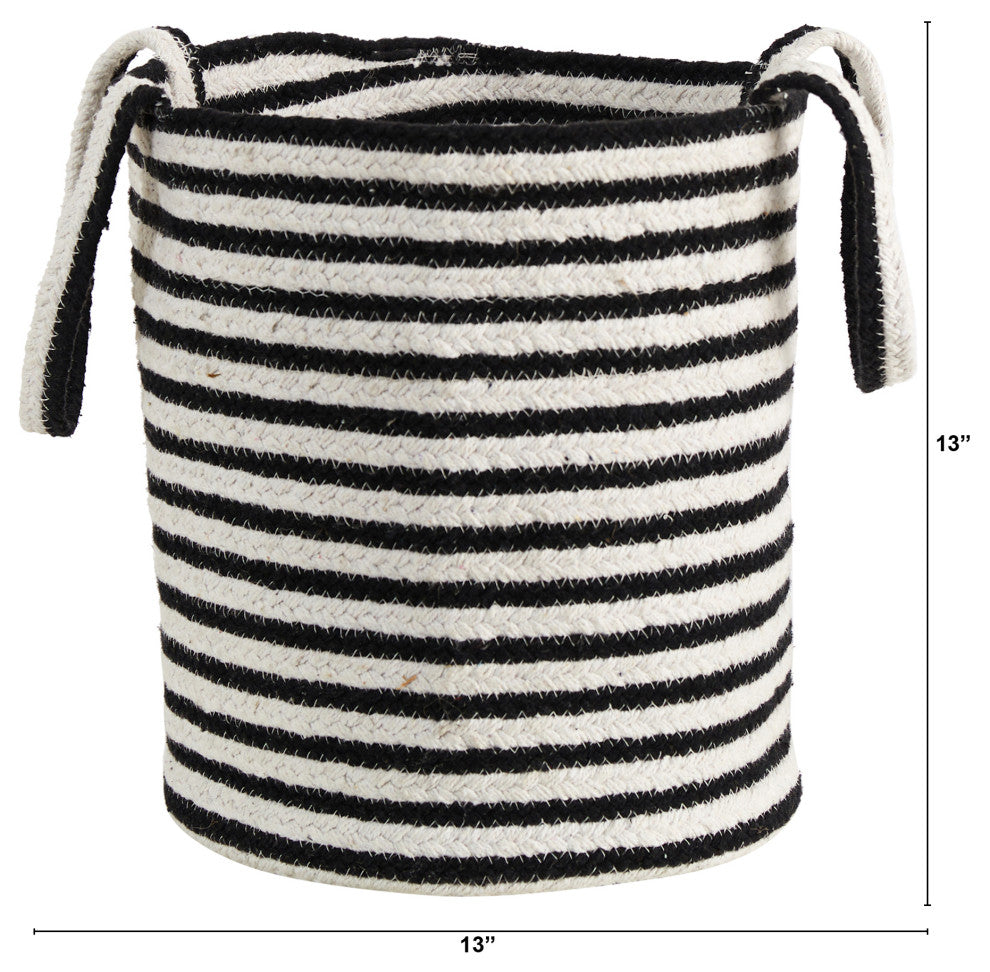 13" Boho Chic Basket Natural Cotton, Handwoven Black & White Stripe With Handles