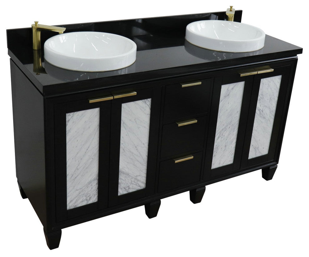 61" Double Sink Vanity, Black Finish With Black Galaxy Granite And Round Sink
