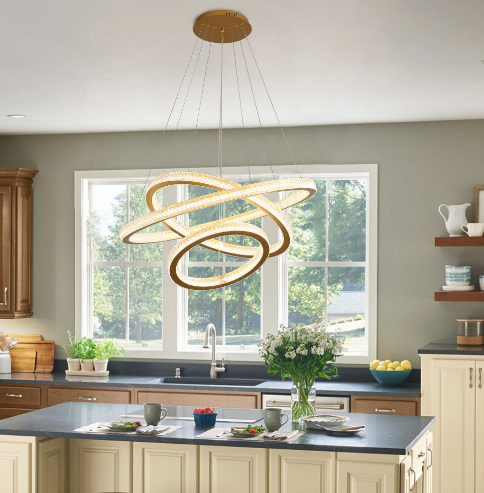 3 Ring LED Chandelier Modern Crystal Tiered Pendant Lights, Gold