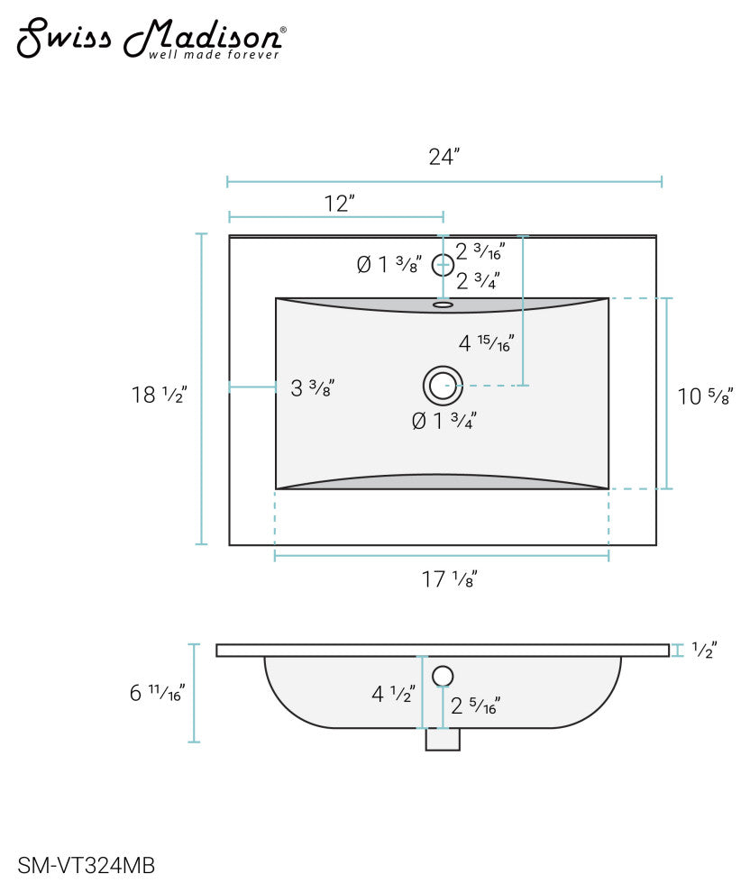 Ceramic Vanity Top 24" With Single Faucet Hole, Matte Black