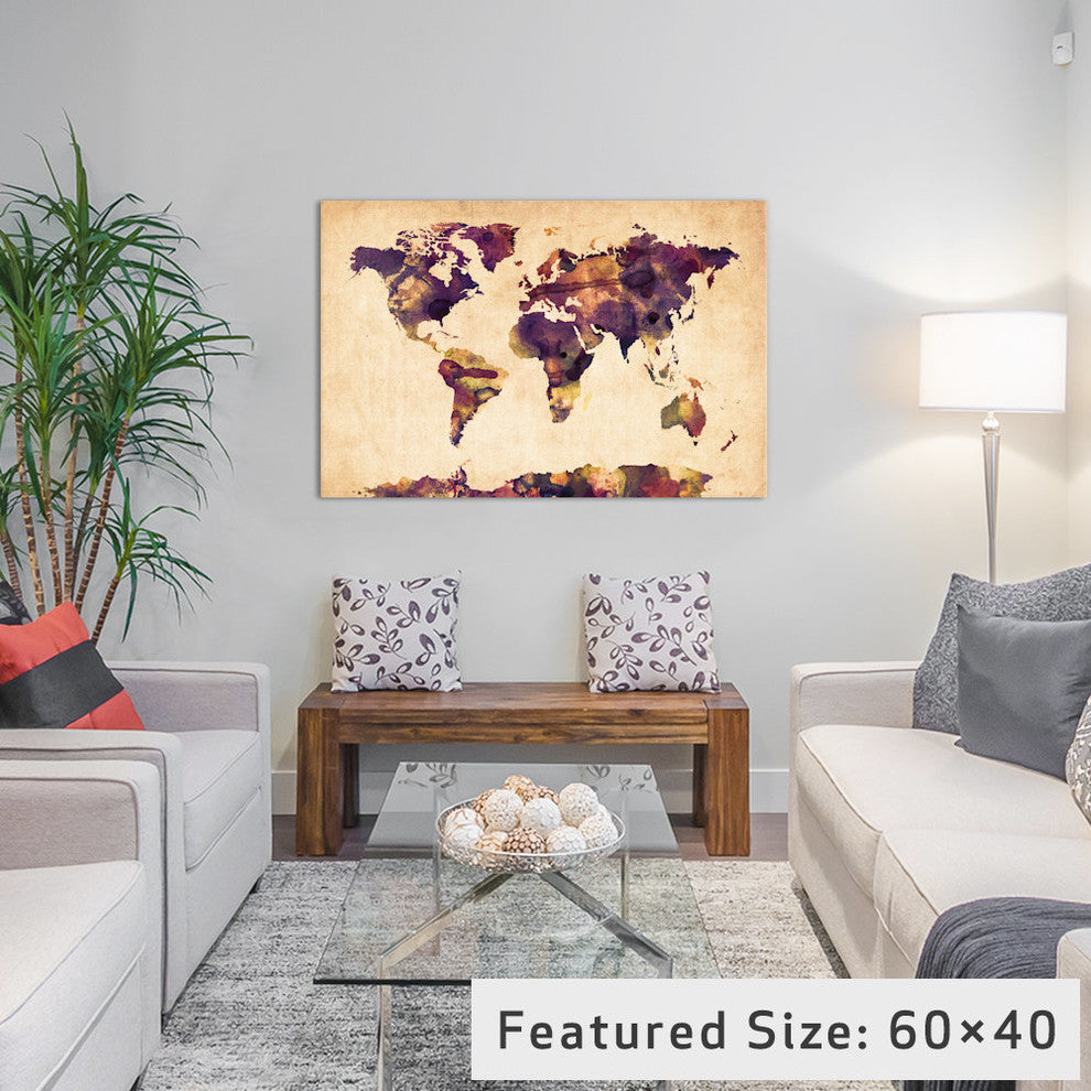 "Urban Watercolor World Map VI" by Michael Tompsett, 26x18x1.5"