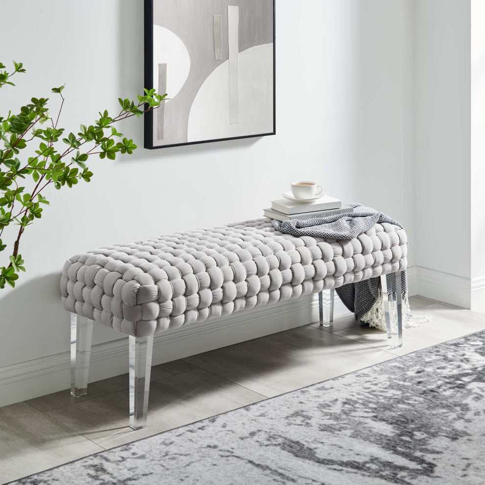 Ottoman Bench, Gray, Velvet, Modern, Mid Century Hotel Lounge Cafe