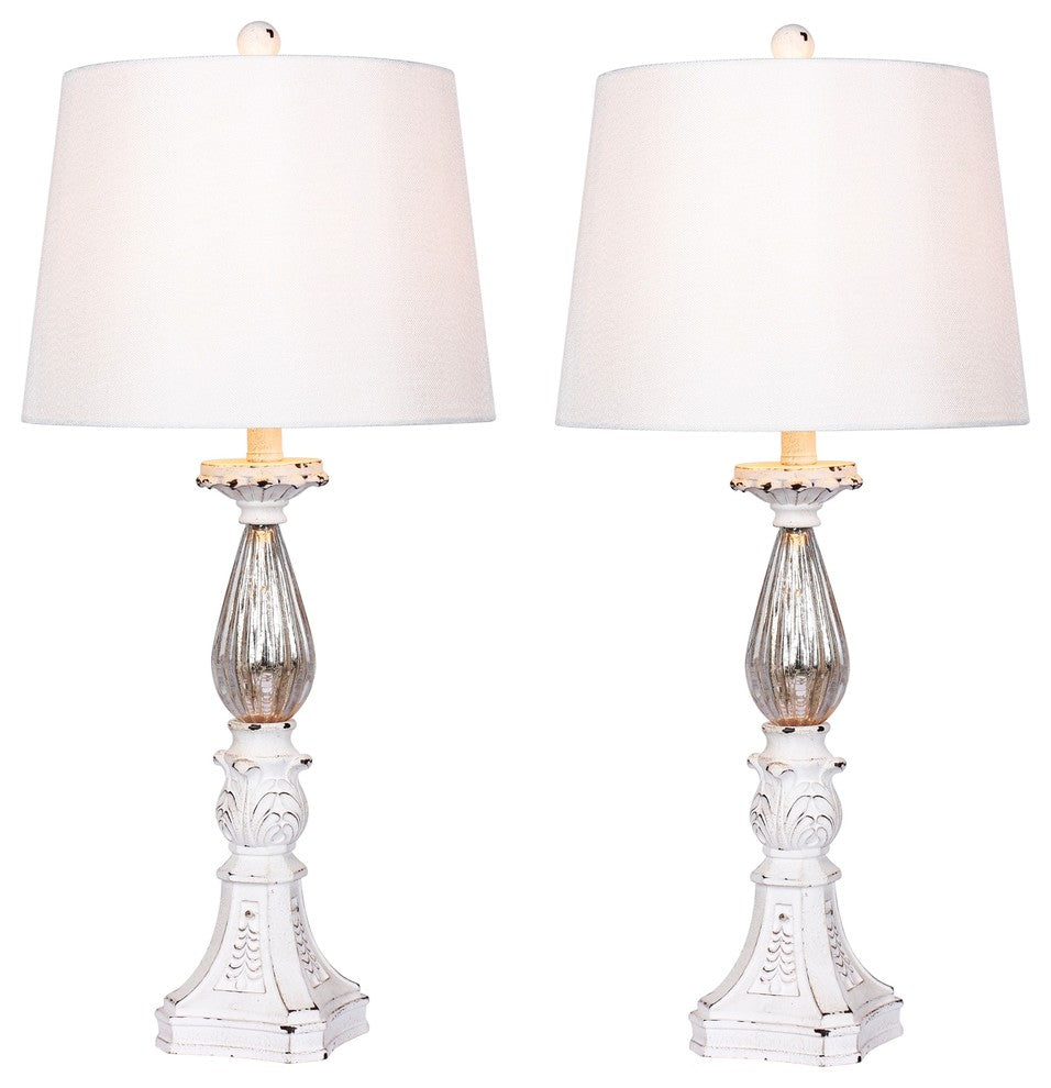 Antique White Resin & Mercury, Glass Table Lamps, 30"
