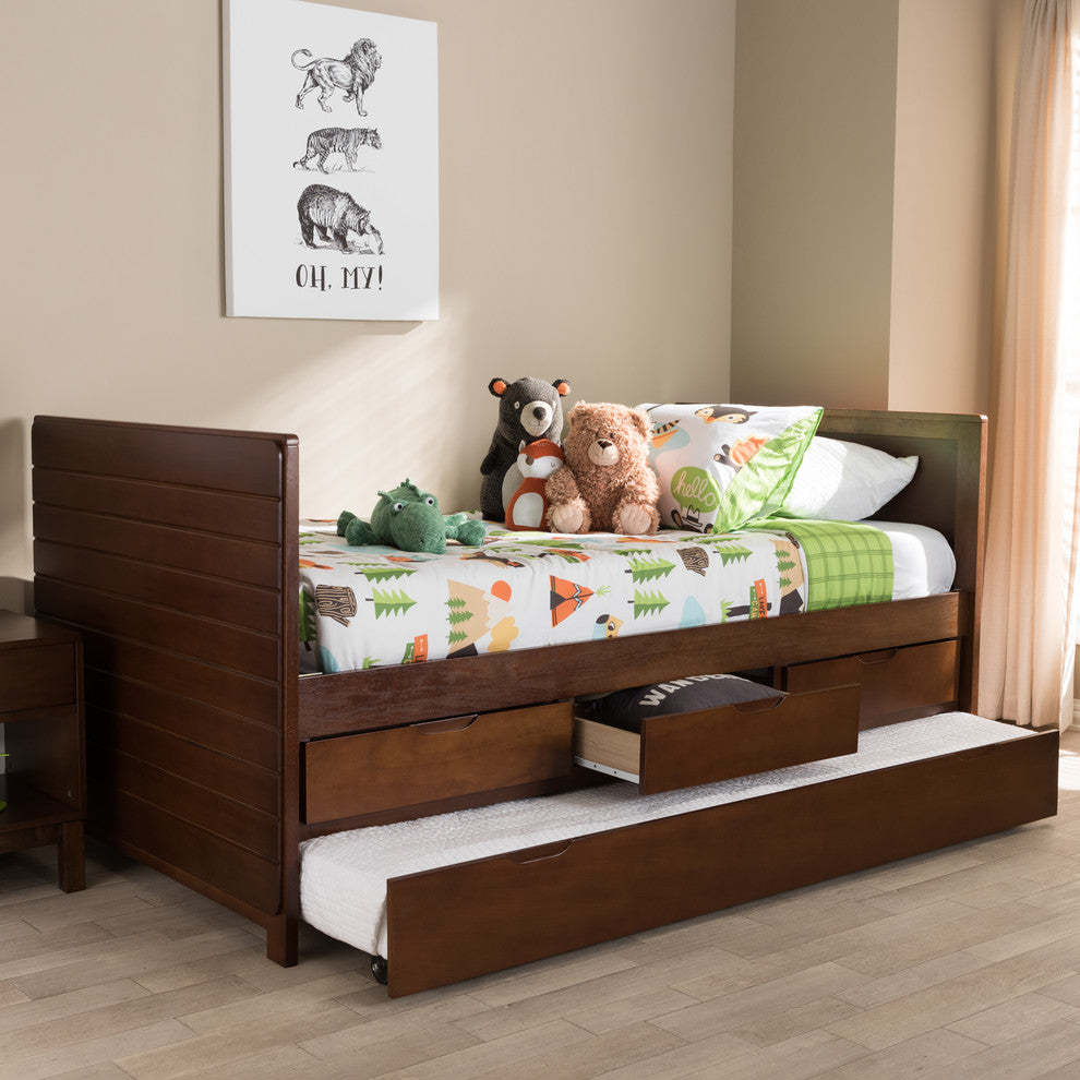 Linna Walnut Twin Daybed With Trundle, Walnut Brown