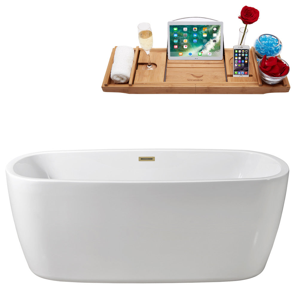 59" Streamline N780BBR Bathtub and Tray With Drain, Brushed Brass