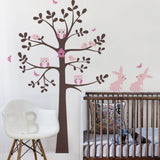 Tree Wall Decal With Animals, Owl Rabbit Bird Tree Wall Decal, Scheme C, Standar
