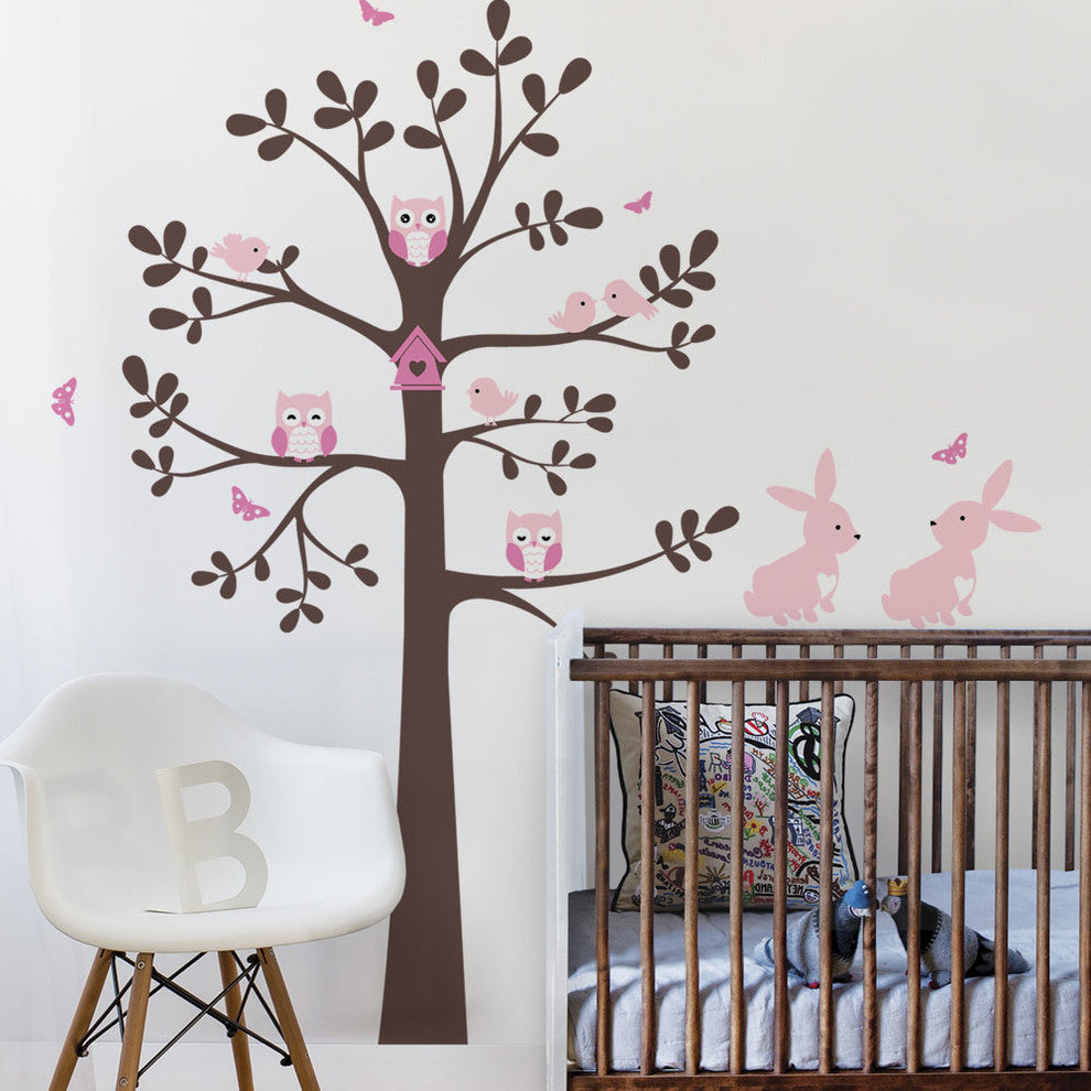 Tree Wall Decal With Animals, Owl Rabbit Bird Tree Wall Decal, Scheme C, Standar