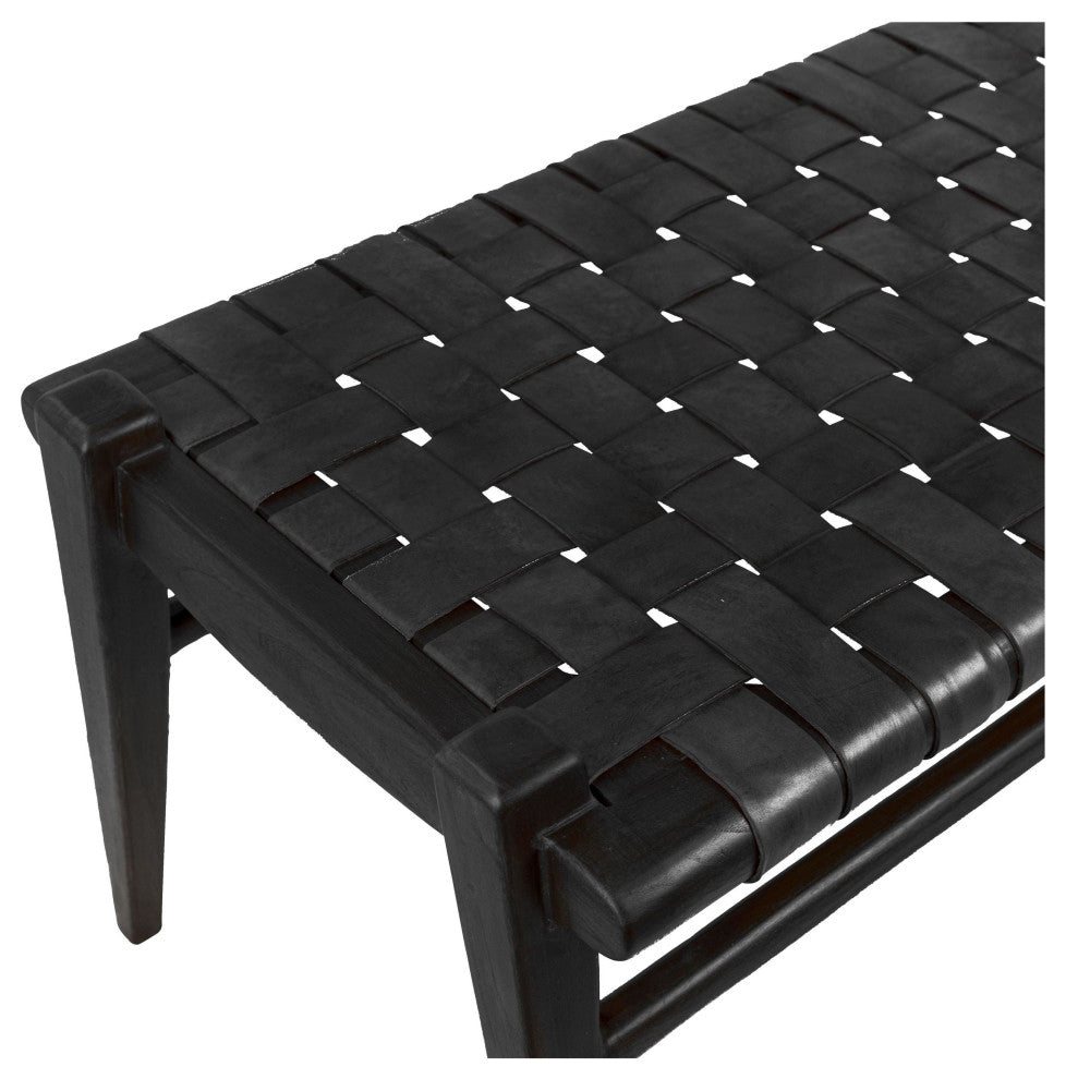 Alora 45" Teak and Black Woven Leather Bench