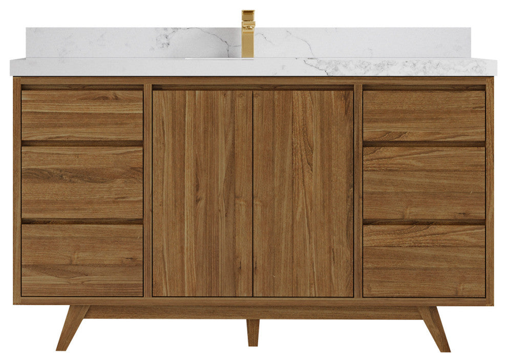 Madison Teak 60 Single Bathroom Vanity in Dark Natural 2" Calacatta Nuvo