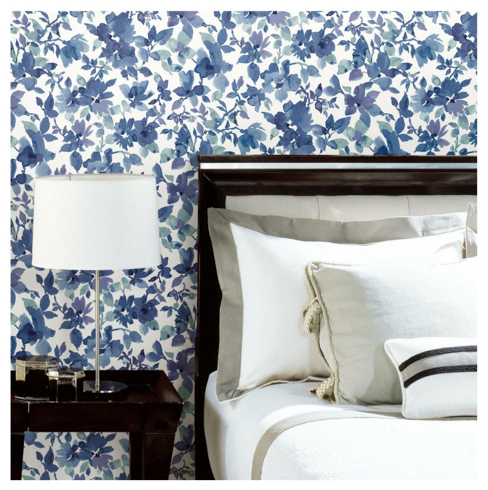 Watercolor Floral Peel and Stick Wallpaper, Blue and White