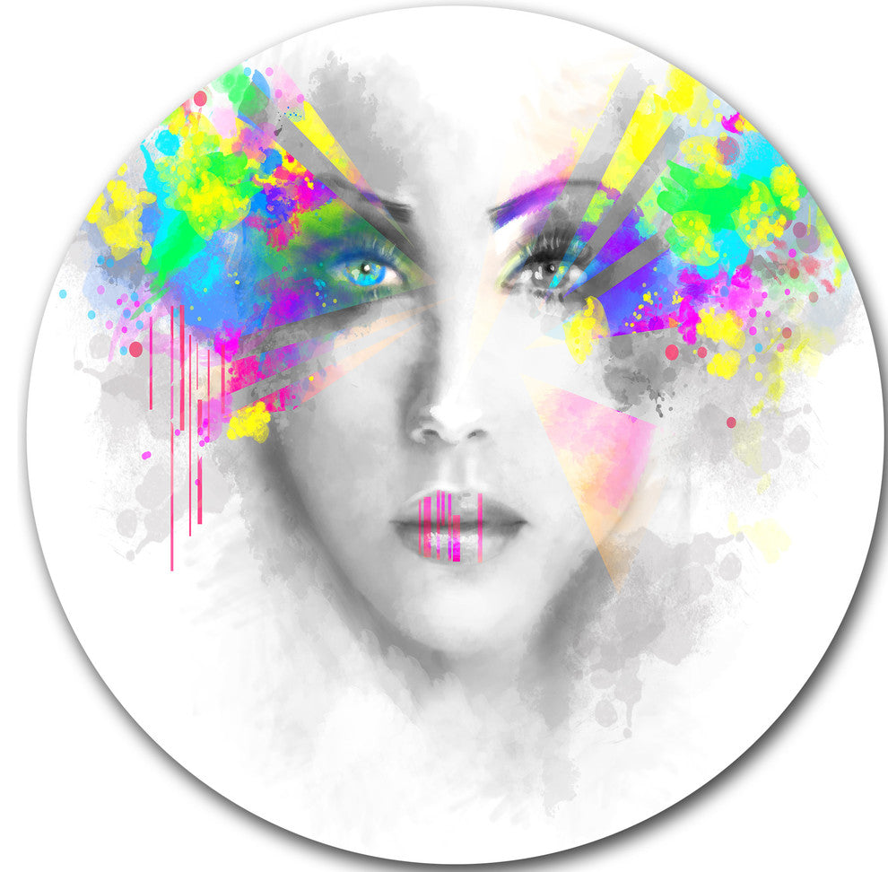 Gray Woman With Green Flowers, Portrait Digital Round Wall Art, 38"