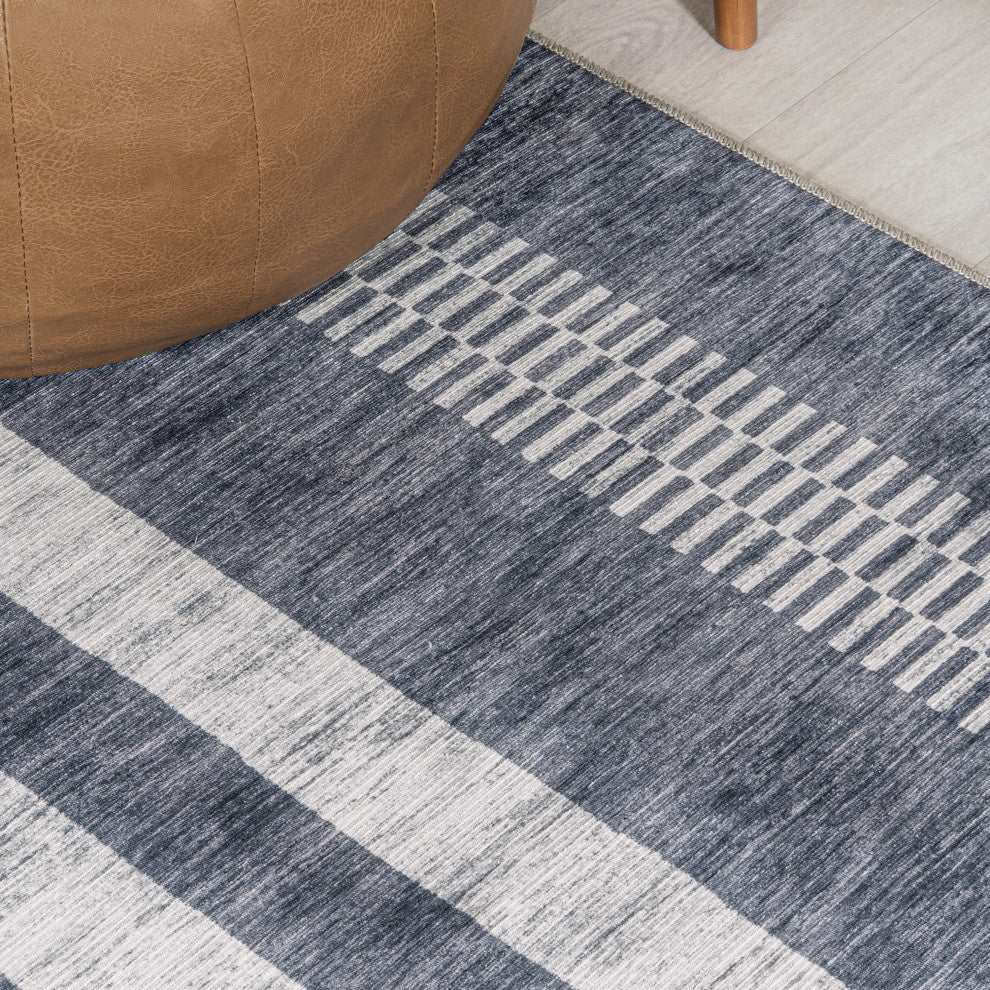 Vichy Geometric Striped Machine-Washable Area Rug, Slate Gray/Ivory, 2 X 8