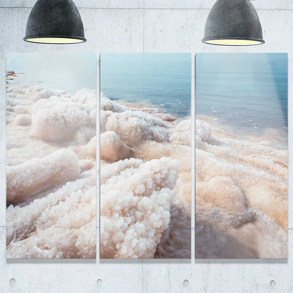 Crystallized Salt on Dead Sea Beach - Seashore Metal Art - 36x28 - 3 Panels
