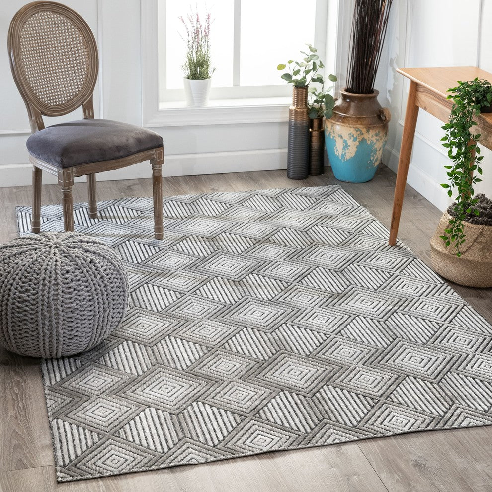 Well Woven Aspen Flint Gray Mid-Century Geometric 5'3"x7'3" Hi-Low Area Rug