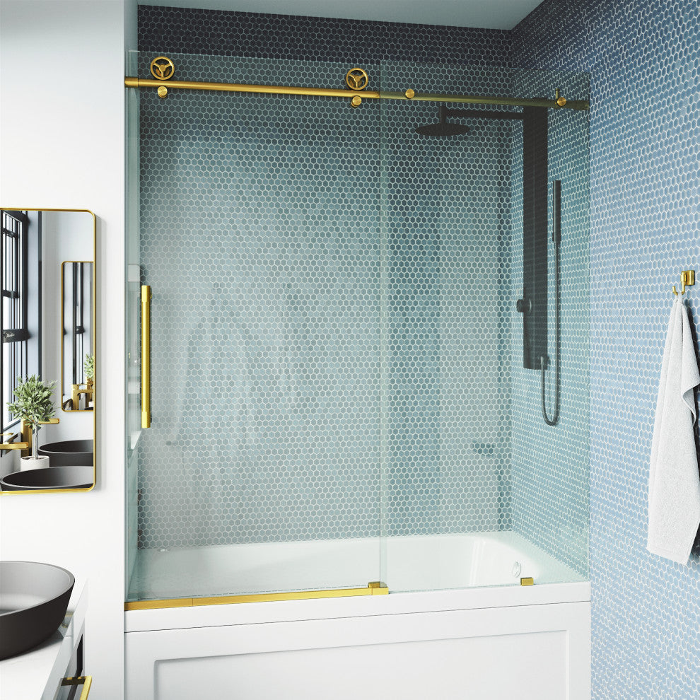 VIGO Elan Cass Aerodynamic 56" to 60" W x 66" H Frameless Sliding Tub Door, Matte Brushed Gold, Clear Glass