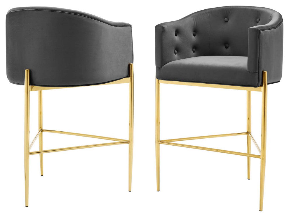Tufted Bar Stool Chair Barstool, Set of 2, Velvet, Dark Gray, Pub Cafe Bistro