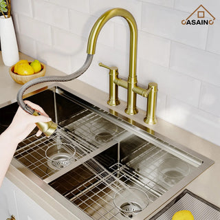 CASAINC Kitchen Faucet Centerset Bridge 3-Function 2-Handle Pull-Down Spray, Brushed Gold