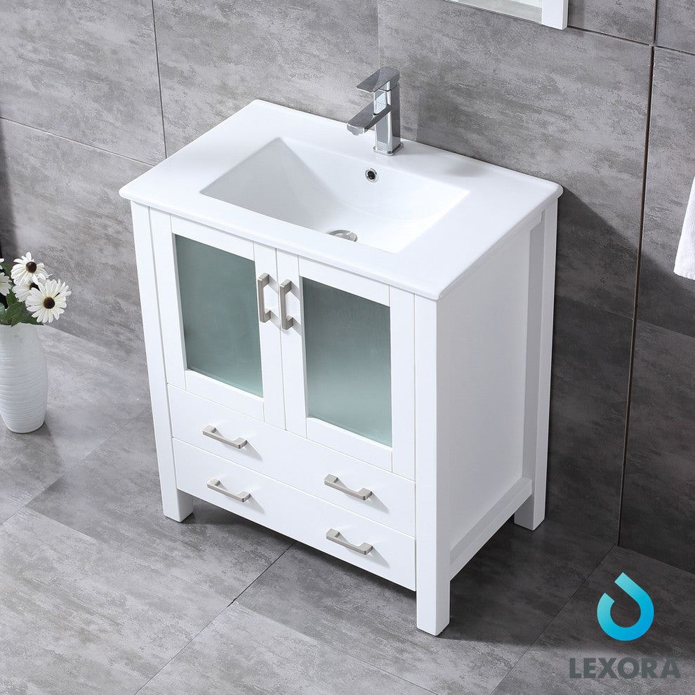 30" Single Vanity With Integrated Top, Sink, 28" Mirror