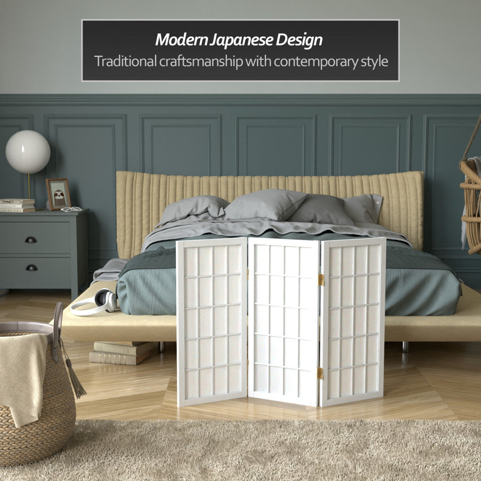 2' Tall Desktop Window Pane Shoji Screen, White, 3 Panels
