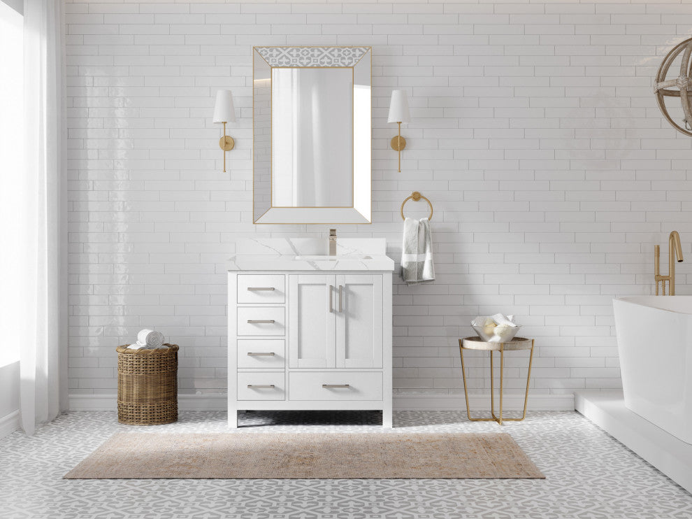 Malibu 36 Right Offset Bath Vanity in White  2" Calacatta Laza