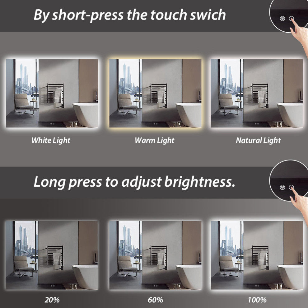 Backlit 3-Color LED Mirror for Bathroom, Anti-Fog Dimmable, 48x36
