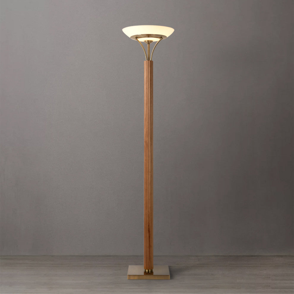Tambo Torchiere Floor Lamp - Dark Walnut Wood Finish, Weathered Brass, Dimmer, Natural Ash Wood Finish, Weathered Brass