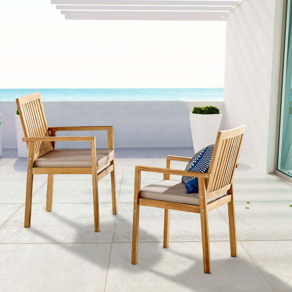 Side Dining Chair Armchair, Set of 2, Wood, Brown Natural Taupe Gray, Outdoor
