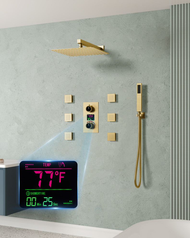 LED Temperature Digital Display Shower System With Body Jets, Brushed Gold, 12 Inches