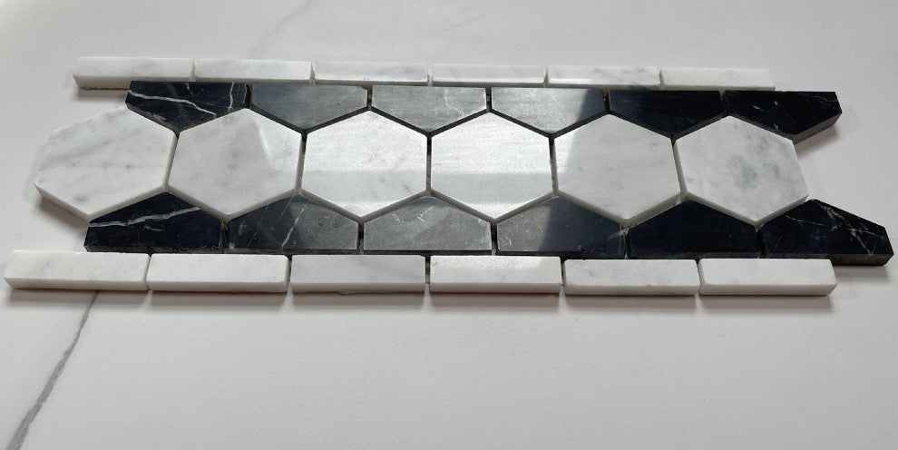 Carrara Marble 2" Hexagon Mosaic Border Listello White Black Polished, 1 sheet