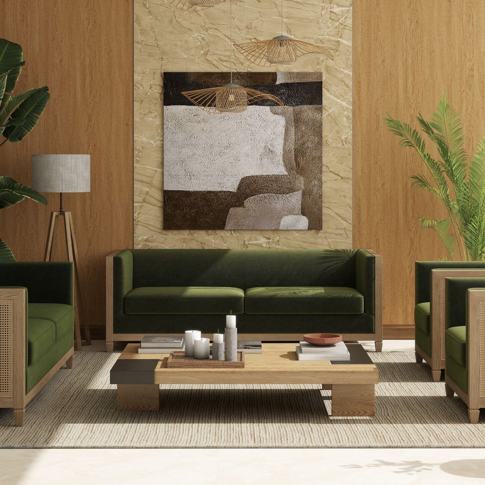 Georgia 81" Cane Rattan Tuxedo Sofa, Olive Green