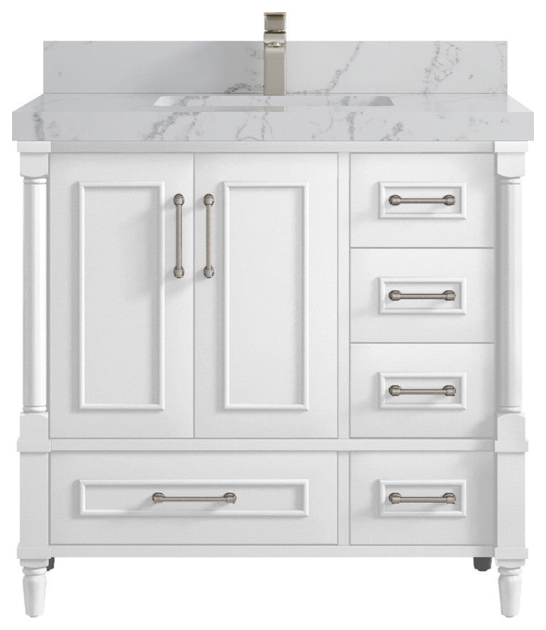Aberdeen 36 Center Sink Bath Vanity in White 2" Venatino Quartz