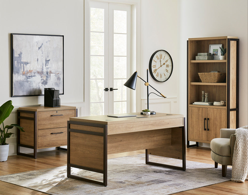 Modern Wood  Laminate Bookcase With Doors, Fully Assembled, Light Brown