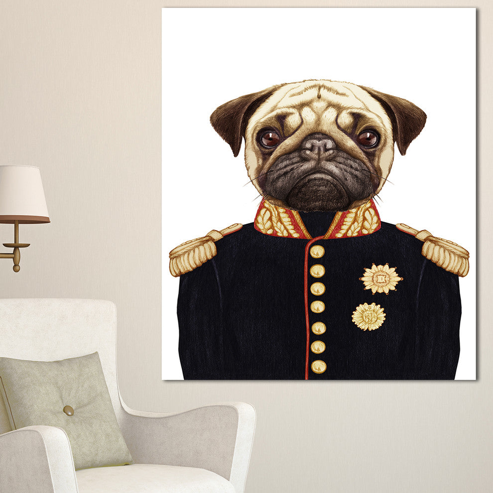 Funny Pug Dog in Military Uniform, Animal Canvas Art Print, 30"x40"