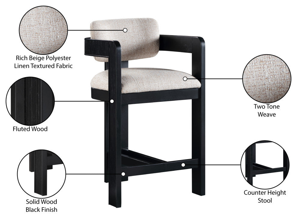 Sacha Upholstered Bar and Counter Stool, Beige, Linen Textured Fabric, Black